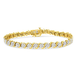 14K Yellow Gold Plated .925 Sterling Silver 3.00 Cttw Diamond Alternating Flower Cluster and "S" Link Tennis Bracelet (L-M Color, I2-I3 Clarity) - 7.25"