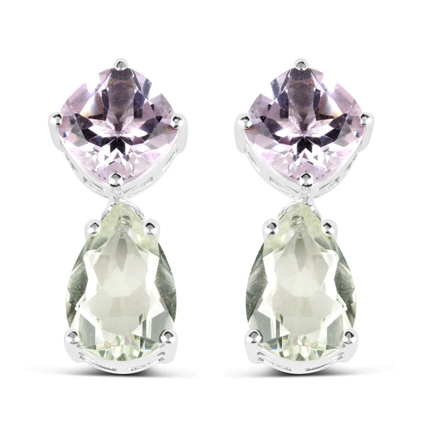 9.00 Carat Genuine Green Amethyst and Pink Amethyst .925 Sterling Silver Earrings