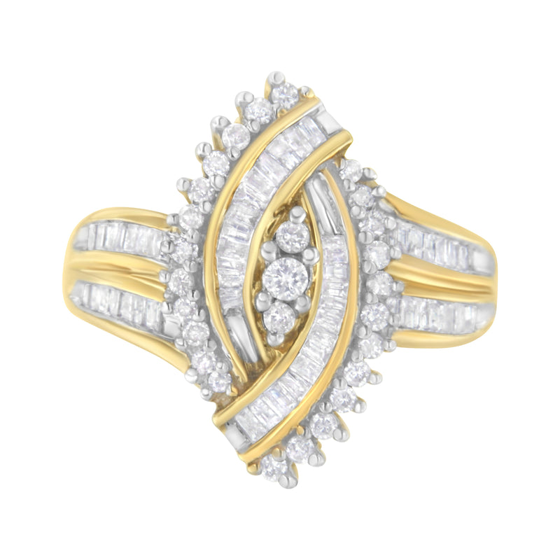 10K Yellow Gold 1ct TDW Round and Baguette cut Diamond Cocktail Ring (H-II1-I2)