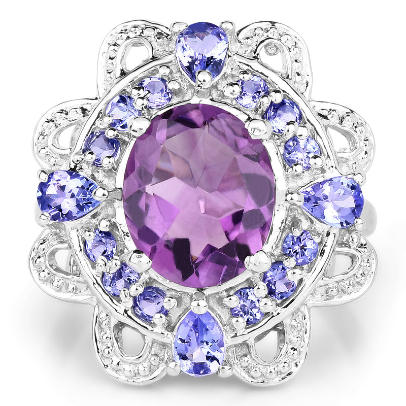 3.13 Carat Genuine Amethyst and Tanzanite .925 Sterling Silver Ring