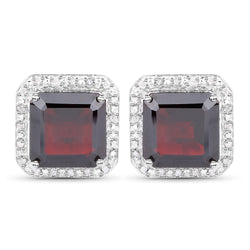 10.66 Carat Genuine Garnet and White Diamond .925 Sterling Silver Earrings