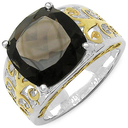 Two Tone Plated 7.09 Carat Genuine Smoky Quartz .925 Sterling Silver Ring