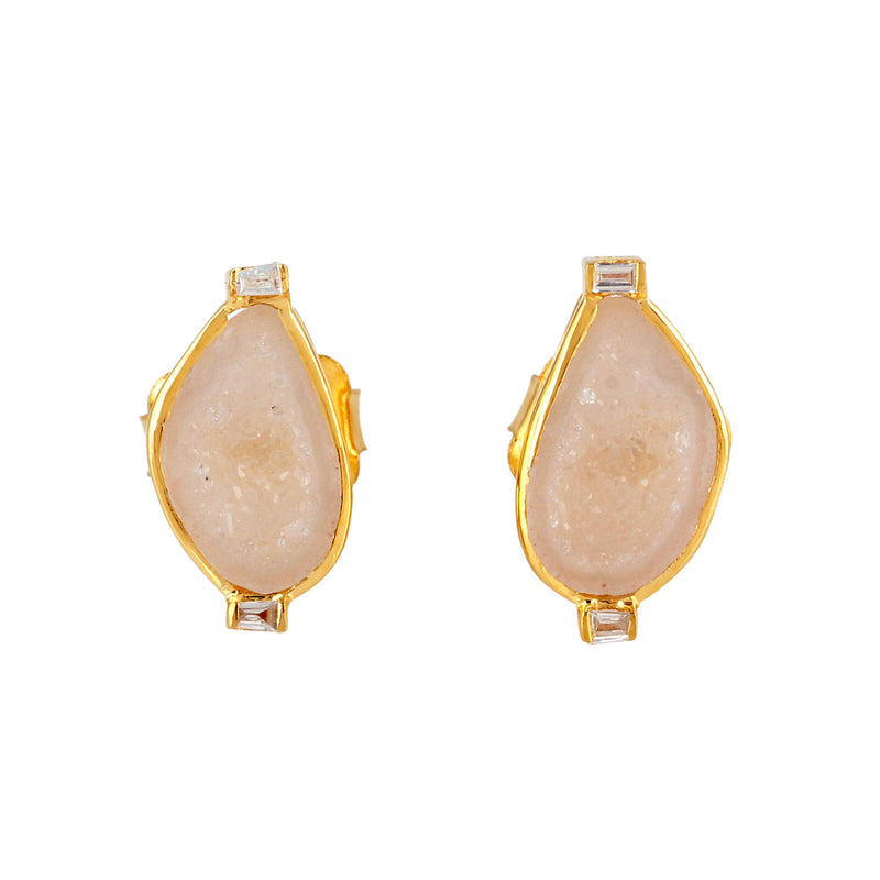Studded Diamond & Geode Stud Earrings 18k Yellow Gold Fine Jewelry