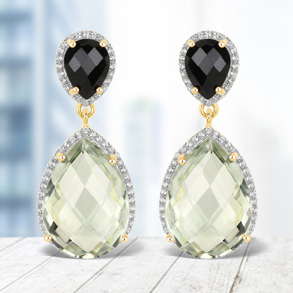 22.84 Carat Genuine Green Amethyst, Black Onyx and White Topaz .925 Sterling Silver Earrings