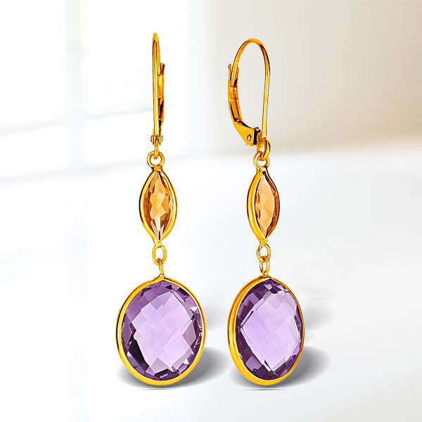 14k Yellow Gold Drop Earrings with Citrine and Amethyst Briolettes