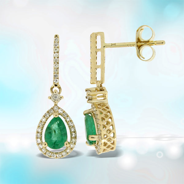 1.10ct Emerald Diamond Dangle Earrings 14KT Yellow Gold