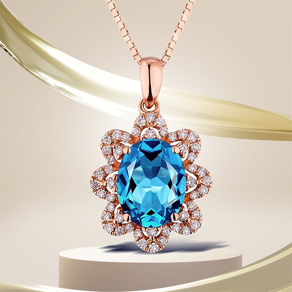 14k Rose Gold Blue Topaz & Diamond Pendant for Women