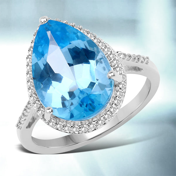 6.76 Carat Genuine Swiss Blue Topaz and White Topaz .925 Sterling Silver Ring