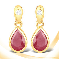 1.65 Carat Genuine Johnson Ruby and White Diamond 14K Yellow Gold Earrings