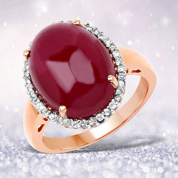 14K Rose Gold Plated 16.69 Carat Genuine Glass Filled Ruby and White Topaz .925 Sterling Silver Ring