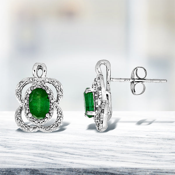 Natural 1.22ct Emerald Diamond Earrings 14KT White Gold