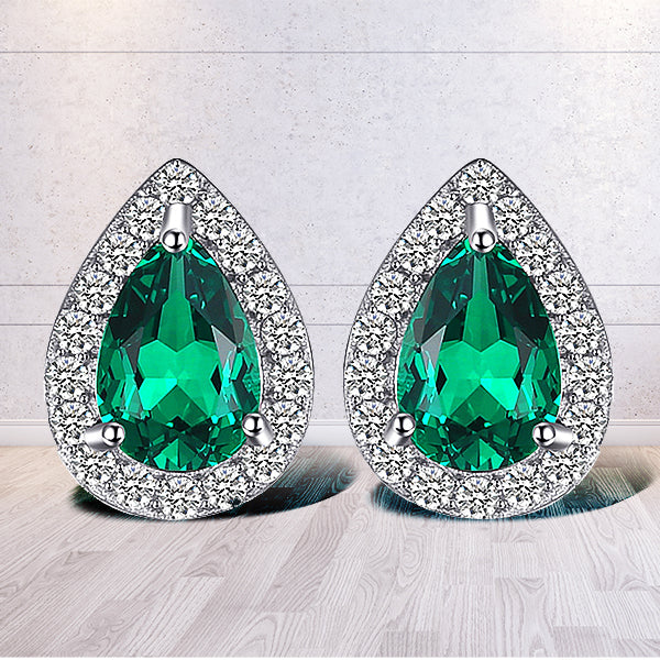 925 Sterling Silver Pear Green Simulated Nano Emerald Stud Earrings for Women