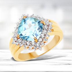 14K Yellow Gold Plated 4.33 Carat Genuine Swiss Blue Topaz and White Topaz .925 Sterling Silver Ring