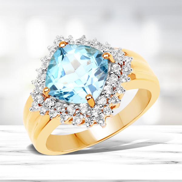 14K Yellow Gold Plated 4.33 Carat Genuine Swiss Blue Topaz and White Topaz .925 Sterling Silver Ring