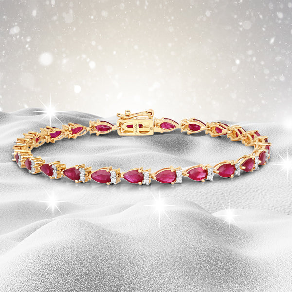 6.65 Carat Genuine Ruby and White Diamond 14K Yellow Gold Bracelet