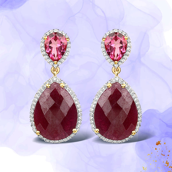 18K Yellow Gold Plated 19.34 Carat Genuine Ruby, Pink Topaz and White Topaz .925 Sterling Silver Earrings