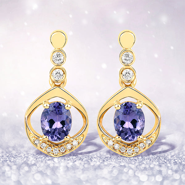 0.76 Carat Genuine Tanzanite and White Diamond 14K Yellow Gold Earrings