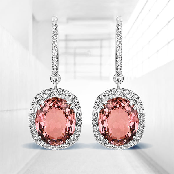 8.90 Carat Genuine Baby Pink Tourmaline and White Diamond 14K White Gold Earrings