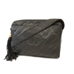 Auth Chanel Shoulder Bag Fringe Shoulder Lambskin Black Gold Metal
