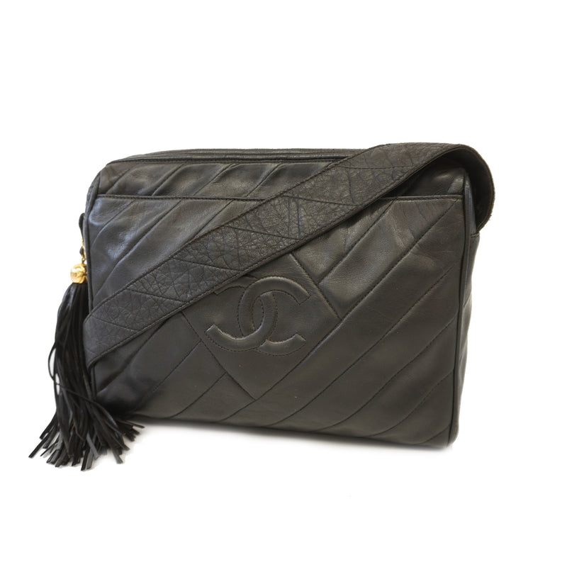 Auth Chanel Shoulder Bag Fringe Shoulder Lambskin Black Gold Metal