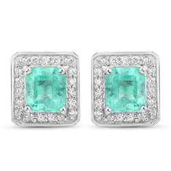 2.03 Carat Genuine Colombian Emerald and White Diamond 14K White Gold Earrings