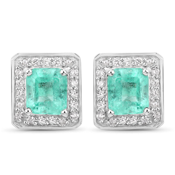 2.03 Carat Genuine Colombian Emerald and White Diamond 14K White Gold Earrings