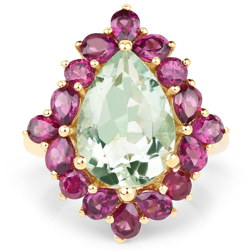 14K Yellow Gold Plated 7.21 Carat Genuine Green Amethyst and Rhodolite .925 Sterling Silver Ring