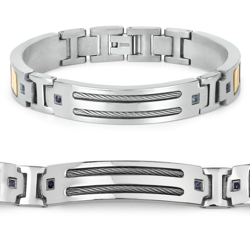 Titanium Men's Bracelet, Mens Titanium Bracelet with Gold Plated Steel Inlay, 0.48ctw. Natural Blue Sapphire Rounds