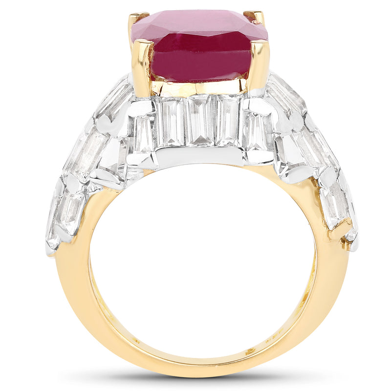 14K Yellow Gold Plated 10.76 Carat Glass Filled Ruby and White Topaz .925 Sterling Silver Ring