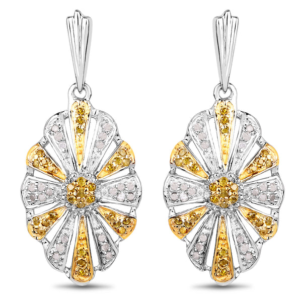 0.54 Carat Genuine White Diamond and Yellow Diamond .925 Sterling Silver Earrings