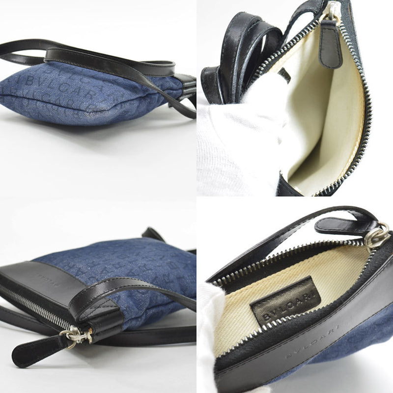 BVLGARI Bag Mania Blue Black Silver Denim Canvas Leather Shoulder Pochette Ladies