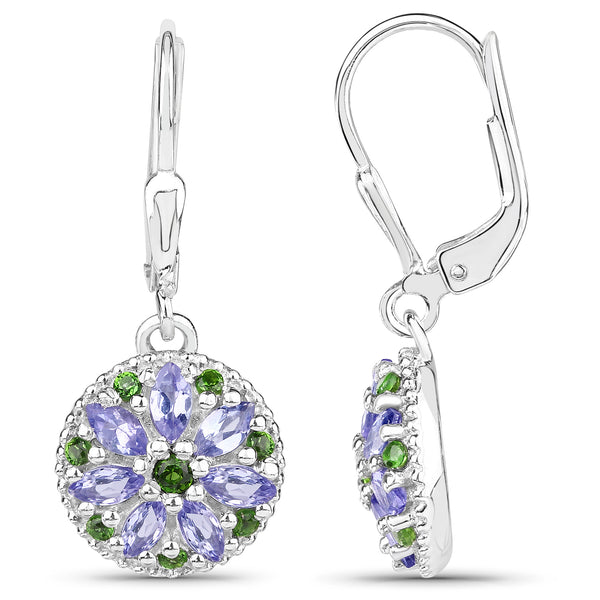 1.48 Carat Genuine Tanzanite & Chrome Diopside .925 Sterling Silver Earrings