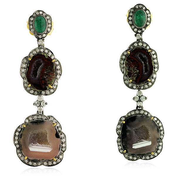 18kt Gold Silver Gemstone 1.44ct Pave Diamond Dangle Earrings  Handmade Jewelry