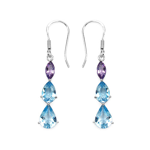 7.46 Carat Genuine Blue Topaz & Amethyst .925 Sterling Silver Earrings