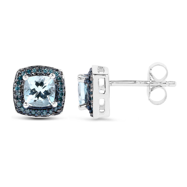 1.16 Carat Genuine Aquamarine and Blue Diamond .925 Sterling Silver Earrings