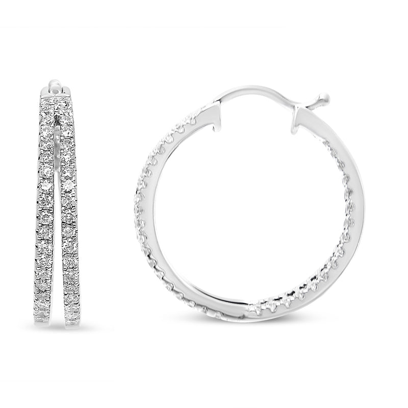 14K White Gold 1.00 Cttw Diamond Inside Out Double Row Split Criss Cross 3/4" Inch Hoop Earrings (F-G Color, SI1-SI2 Clarity)