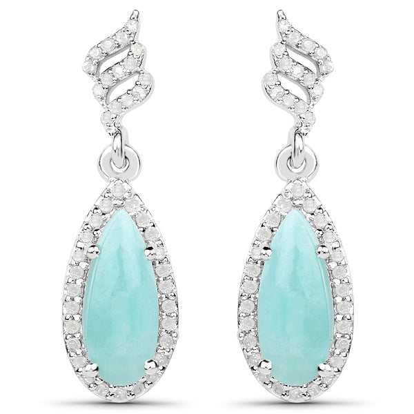 3.53 Carat Genuine Amazonite and White Diamond .925 Sterling Silver Earrings