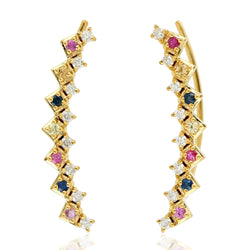 0.53ct Natural Multi-Colored Sapphire Ear Climber Earrings in 18k Yellow Gold with Diamond Accents