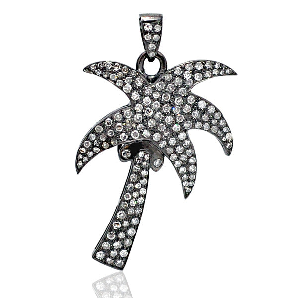 Pave Diamond 14K Gold Sterling Silver Designer Palm Tree Style Pendant Jewelry