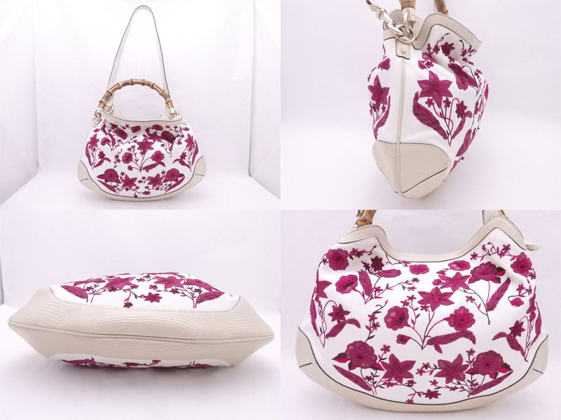 Gucci 2way Bag Bamboo Flora White Burgundy Canvas Leather Handbag Shoulder Ladies 171292