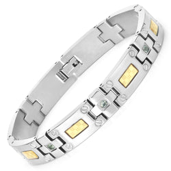 Titanium Men's Bracelet, Mens Titanium Bracelet with Gold Plated Steel Inlay, 0.56ctw. Natural Green Sapphire Rounds