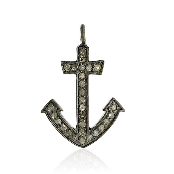 0.29ct Pave Diamond Anchor Sign Charm Pendant Sterling Silver Jewelry