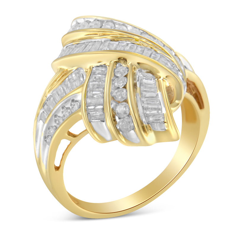 10K Yellow Gold Plated .925 Sterling Silver 1.0 Cttw Round & Baguette Diamond Knot Channel Statement Ring (I-J Color, I2-I3 Clarity) - Size 6