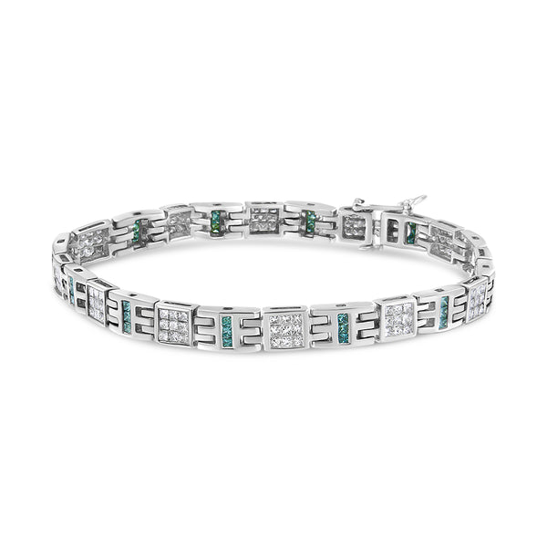 14K White Gold Princess-Cut white and Blue Diamond 3.00 cttw Fashion Link Bracelet (H-I Color, SI1-SI2 Clarity)