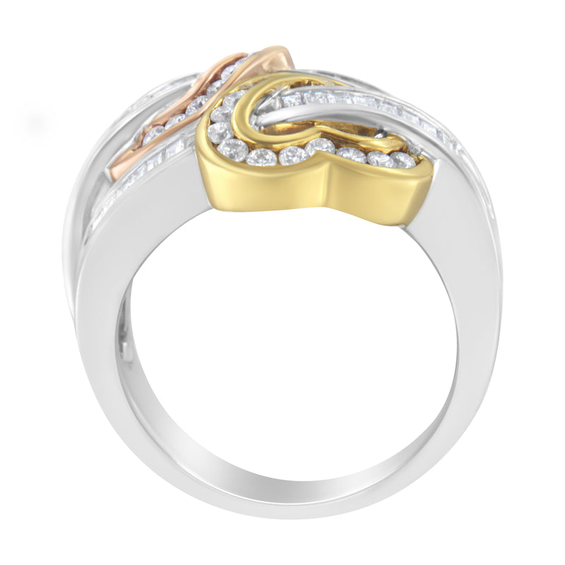 14kt Tri-Toned 1ct TDW Round and Baguette cut Diamond Heart Ring(H-IVS1-VS2)