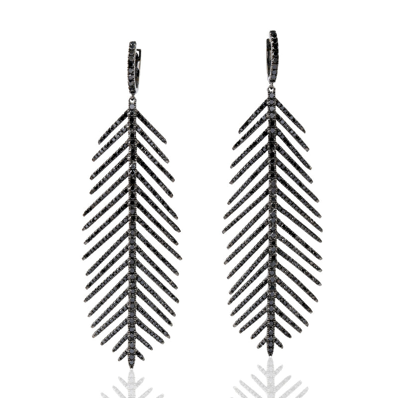 925 Sterling Silver Pave Diamond Feather Dangle Earrings Handmade Jewelry Gift