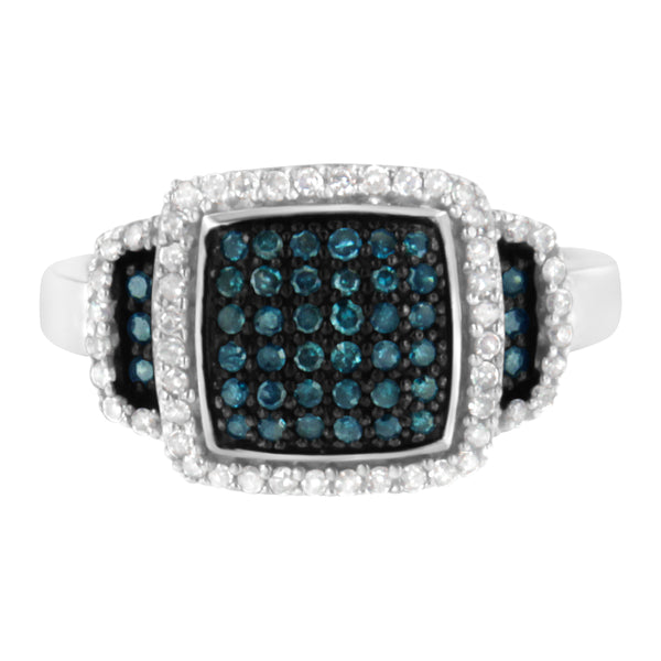 Black Rhodium Plated .925 Sterling Silver 1/2 Cttw White & Blue Diamond Square Halo Cocktail Ring (Fancy Blue & H-I Color, I2-I3 Clarity) - SIze 6