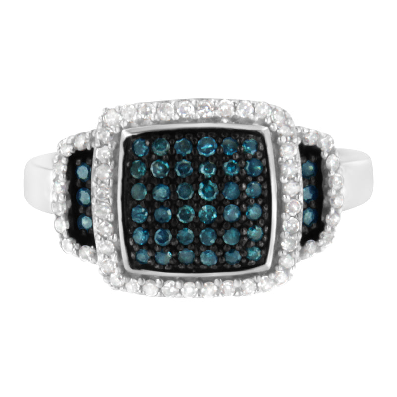 Black Rhodium Plated .925 Sterling Silver 1/2 Cttw White & Blue Diamond Square Halo Cocktail Ring (Fancy Blue & H-I Color, I2-I3 Clarity) - SIze 8-1/2