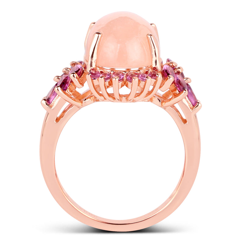 14K Rose Gold Plated 9.13 Carat Genuine Morganite and Rhodolite .925 Sterling Silver Ring