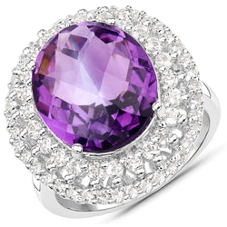 8.41 Carat Genuine Amethyst and White Topaz .925 Sterling Silver Ring